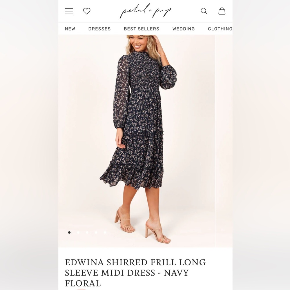 Petal and Pup EDWINA SHIRRED FRILL LONG SLEEVE MIDI DRESS - NAVY FLORAL